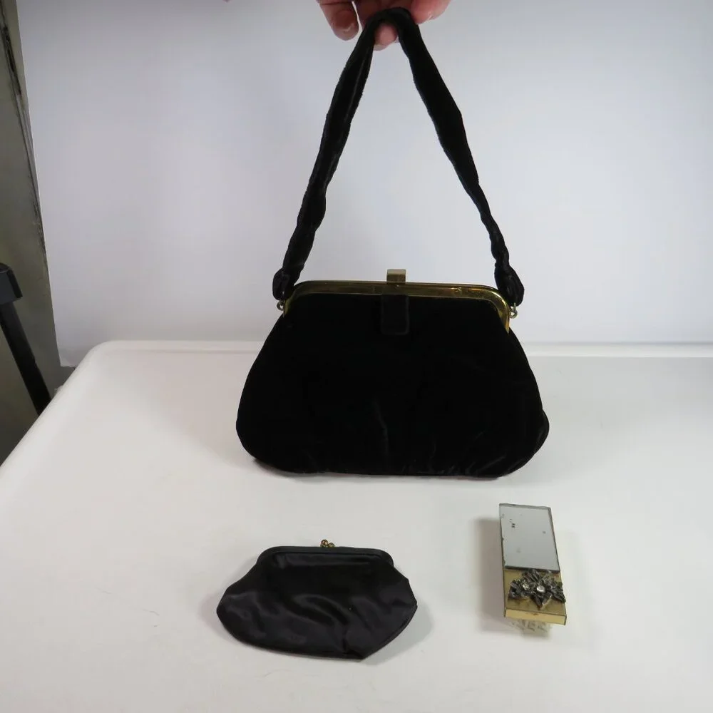 Vintage Black Velvet Kiss-Lock Clutch Purse, satin change & Jeweled Mirror Brush